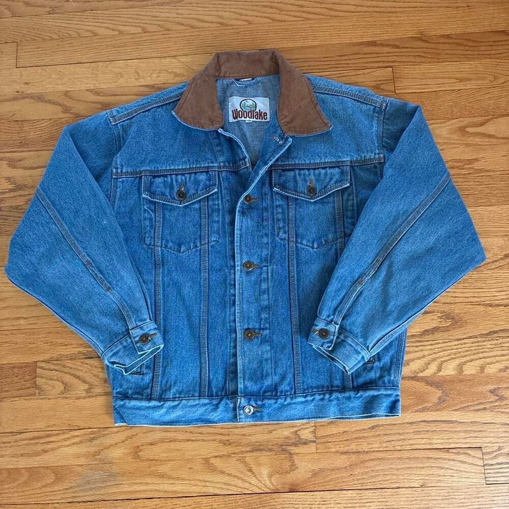 Vintage 90s Woodlake Denim Trucker Jacket with Contrast Leather Collar